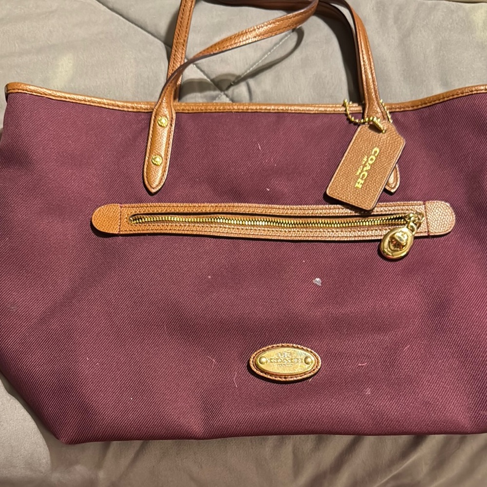 Coach Red and Brown Tote Bag with Leather Accents
